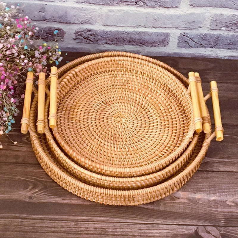 Rattan Strap Handle Storage Basket Bread Snack Fruit Round Round Tray Picnic Woven Storage Basket Qme