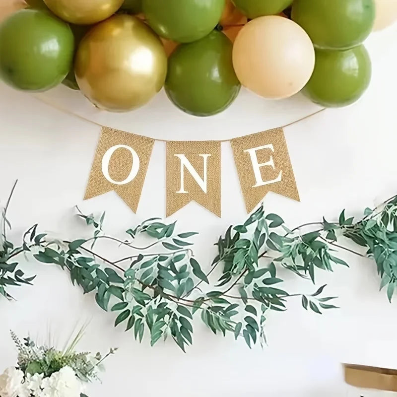 ONE Linen Decoration Banner Swallowtail Flag Year Birthday Pulling Qme