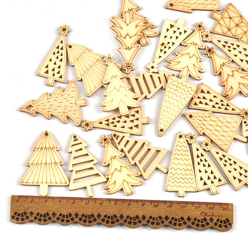 25pcs 5x3cm Unfinished Christmas Tree Wood Pieces Hanging Pendant DIY Handmade Crafts Xms Oranments Party Home Decoration c4116 Qme mixed 25pcs