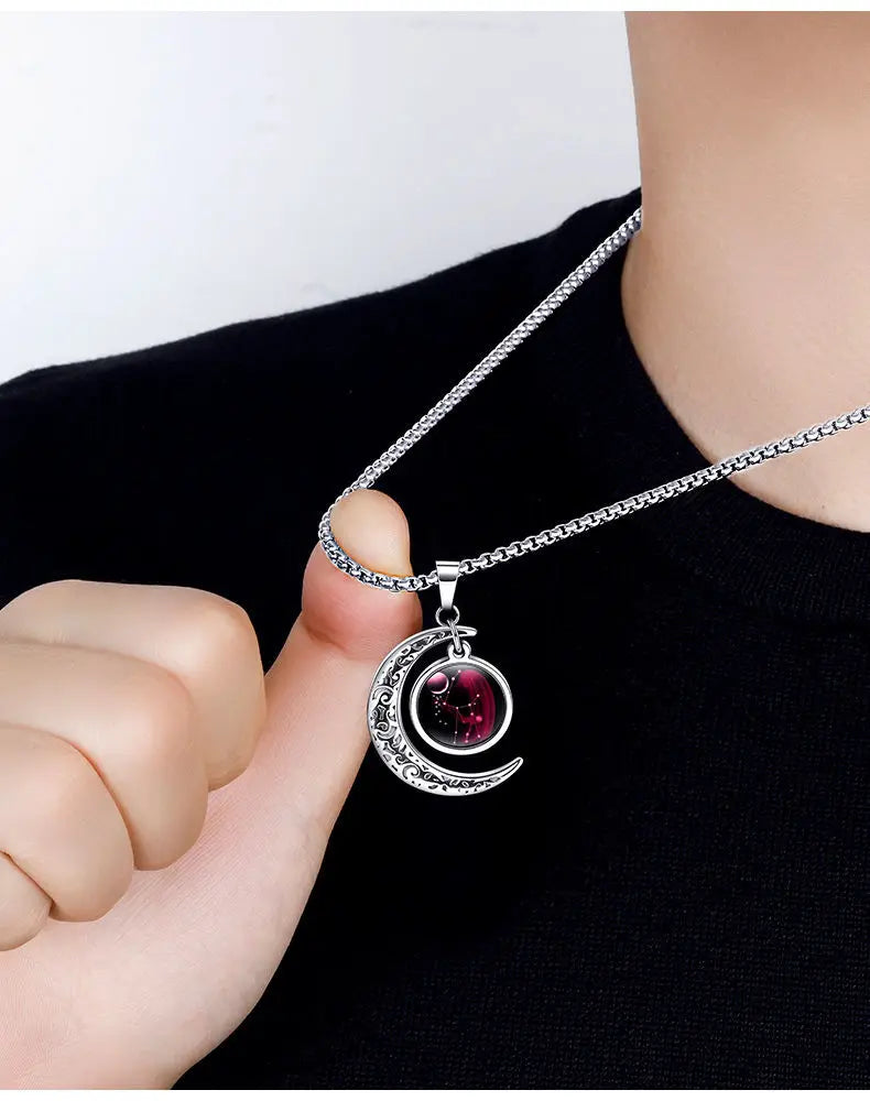 12 Constellation Luminous Necklace Zodiac Signs Jewelry Crescent Moon Pendant Glow In The Dark Necklace Birthday Gifts Unisex Qme