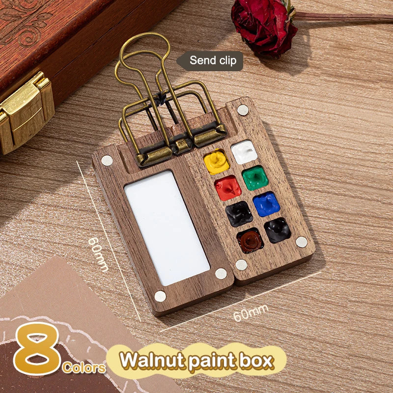 Mini Walnut Wood Watercolor Palette Portable Paint Box Clip Travel Qme A1