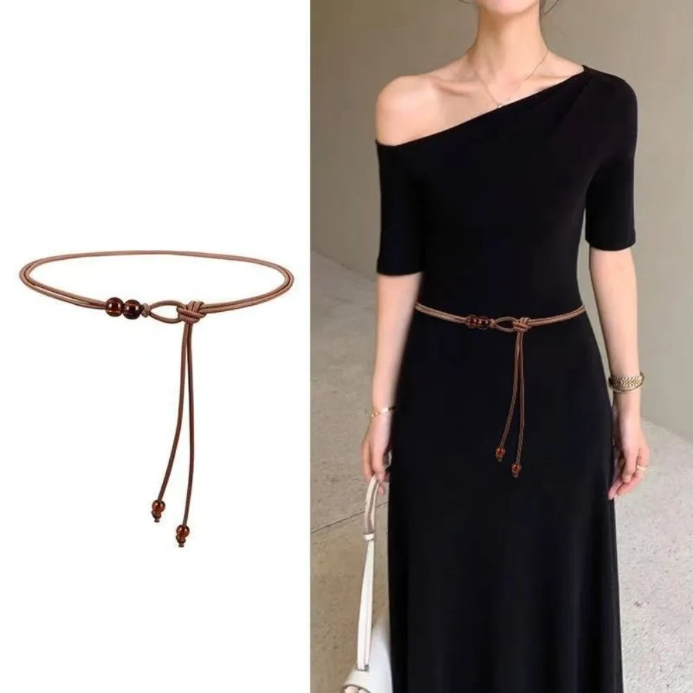 Retro Slim Rope Waist Chain Adjustable Bead Leather Waistband Chinese Qme