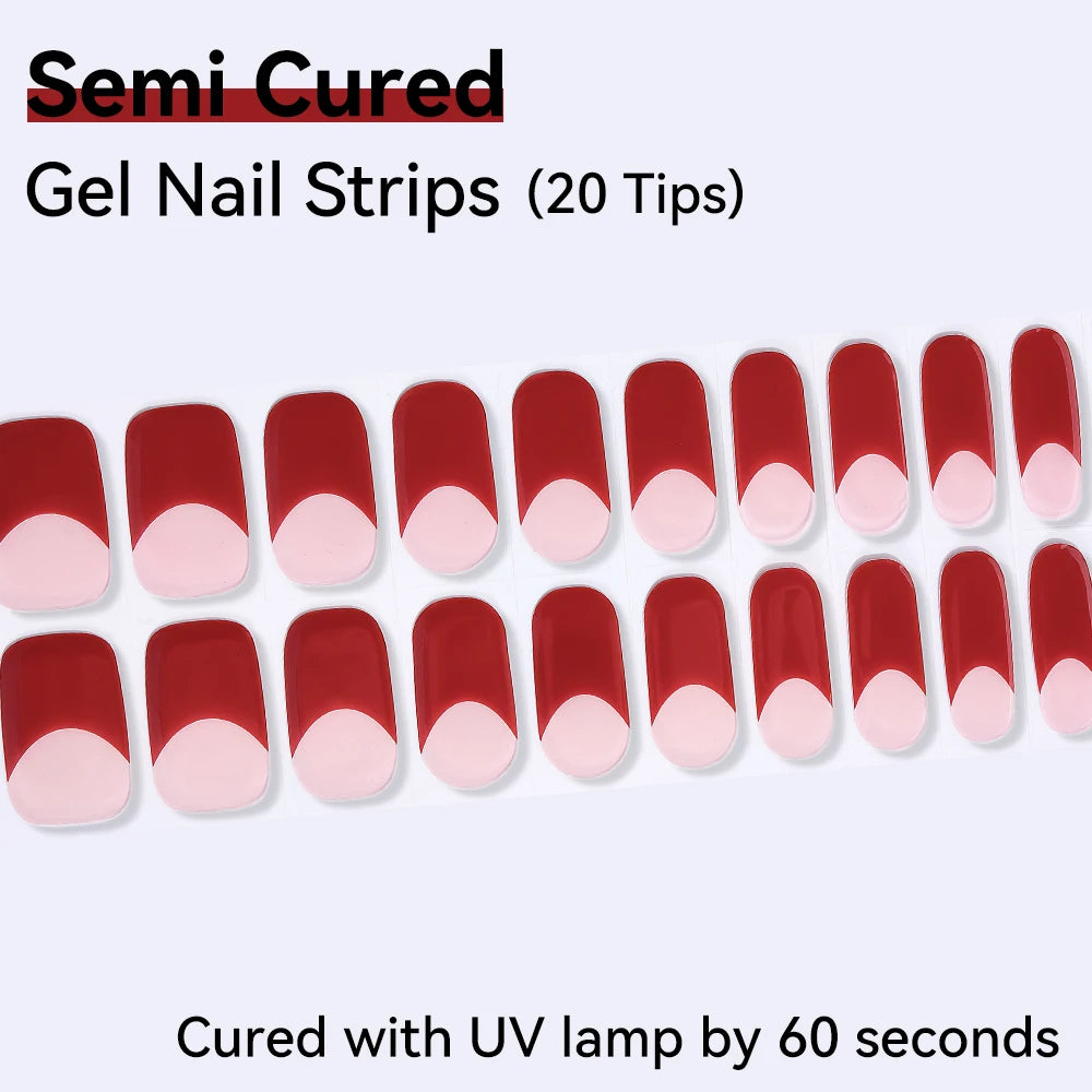 20Tips Leopard Pattern Semi-cured Gel Nail Strips French White Polish Qme NC250101