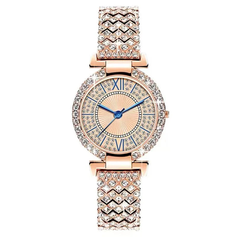 Ladies' Quartz Full Diamond Roman Watch Fashion Starry Sky Round Bracelet Watch High Beauty Women's Watch Qme Rose Gold