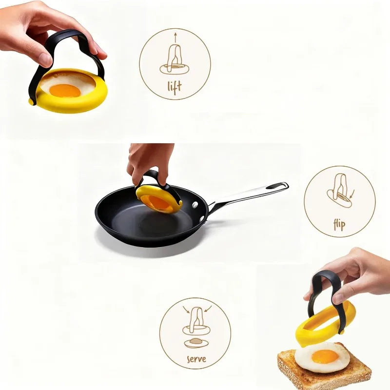 1pc Silicone Egg Ring Non-stick Mold 3-in-1 Flip Easy Egg Making Tool with Handle Leak-free Egg Ring Kitchen Tools Qme