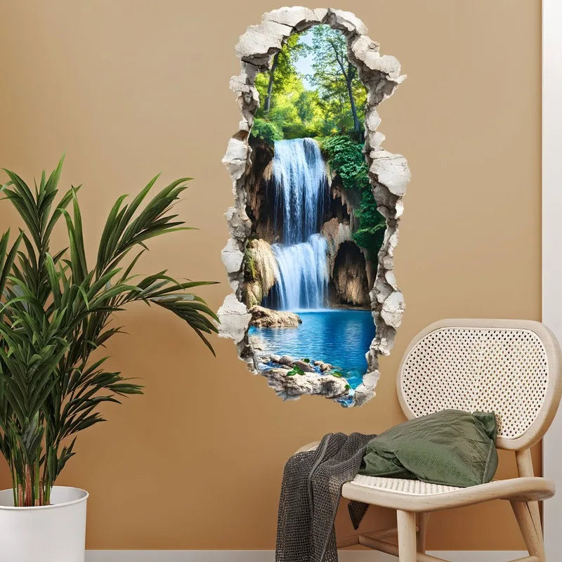 3D Waterfall Forest Wall Sticker Removable Peel Stick Waterproof Qme