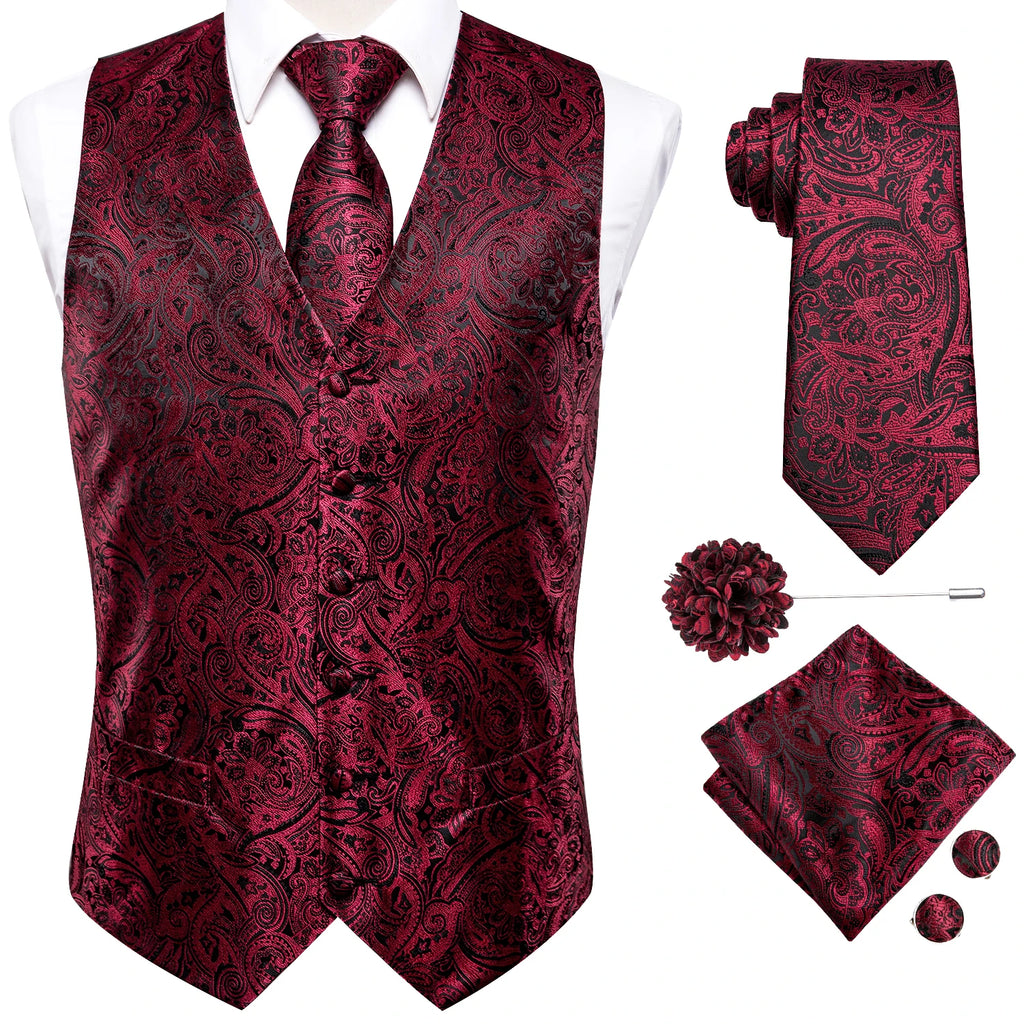 Mens Vests Jacquard Waistcoat Neck Tie Hanky Cufflinks Brooch Men Qme