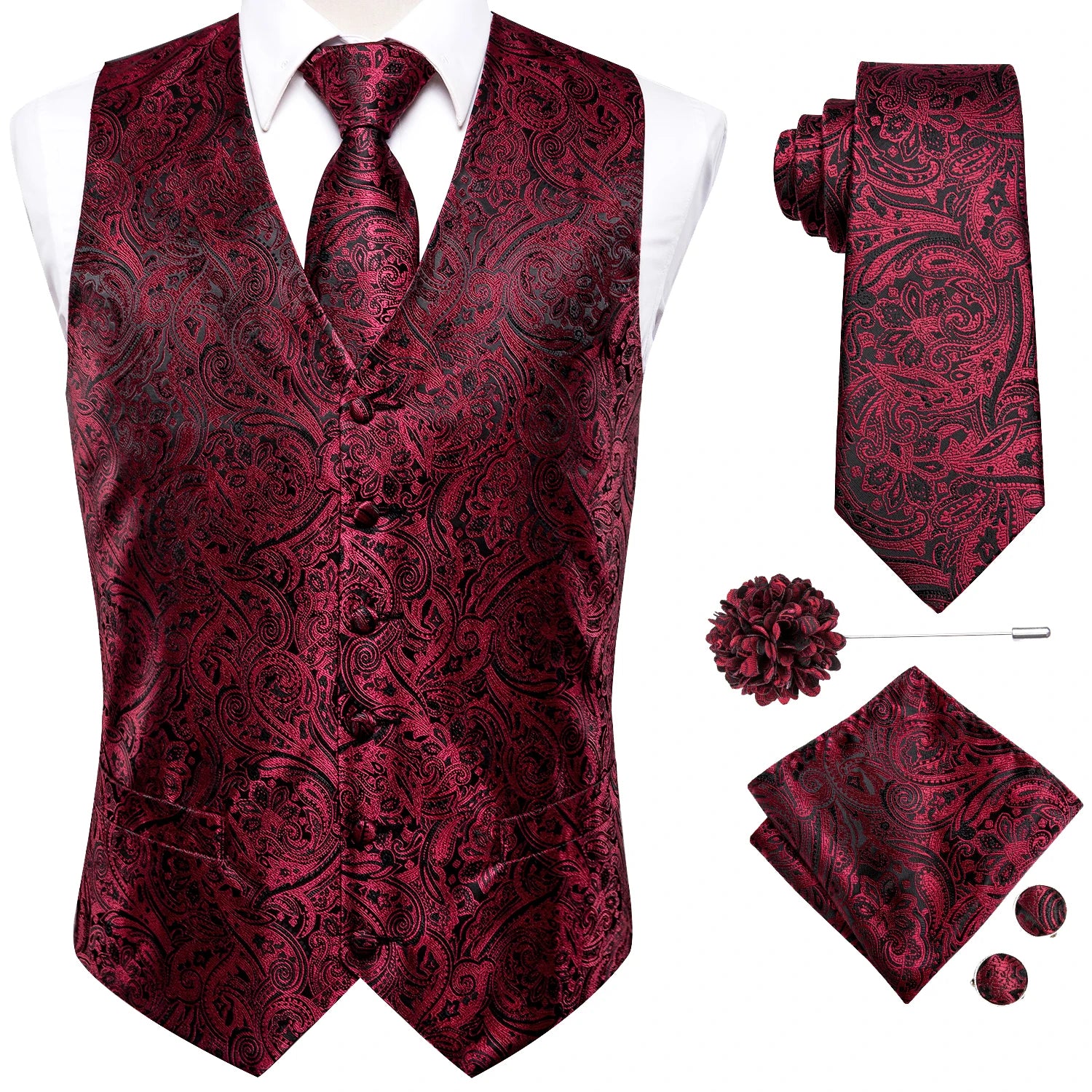 Mens Vests Jacquard Waistcoat Neck Tie Hanky Cufflinks Brooch Men Qme