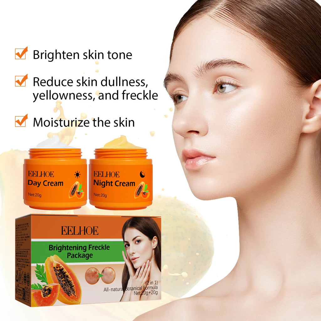 Papaya Brightening Freckle Face Cream Set Day Night Sun Spots Corrector Fade Pigment Brighten Skin Tone Day & Night Moisturizer Qme