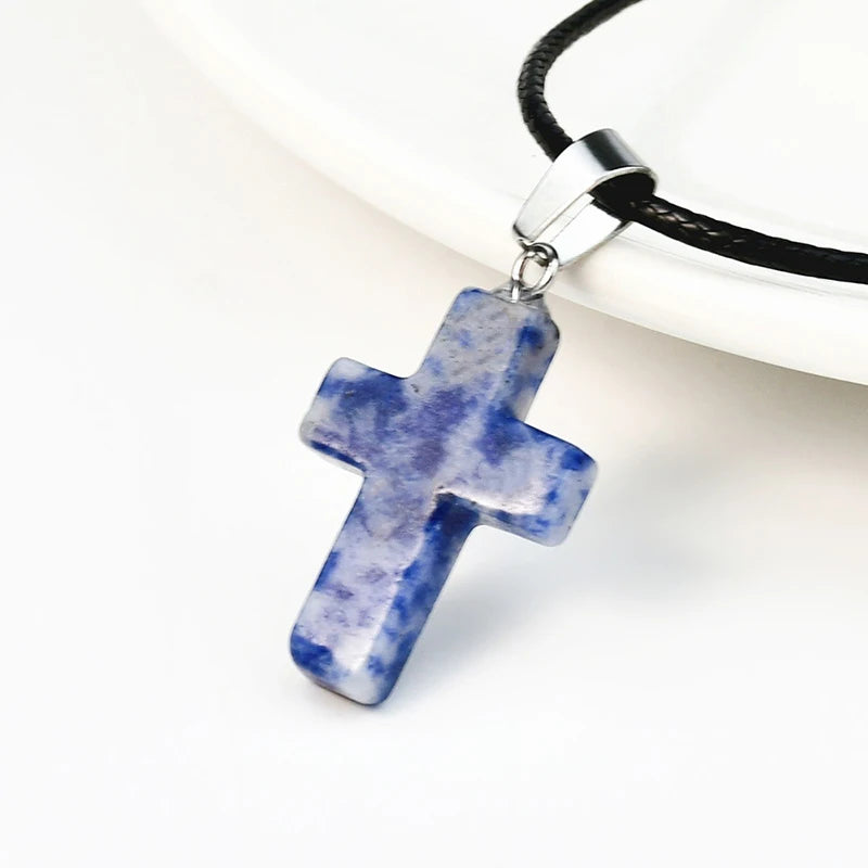 Natural Stone Cross Pendant Necklace, Colorful Punk Rock Style, Street Cool Vintage Y2K Goth Hip Hop Jewelry for Men and Women Qme A7