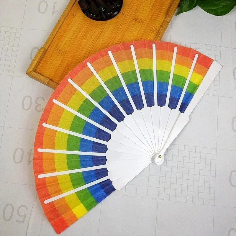 Plastic Hand Crank Fan Foldable Oriental Rainbow Silk Fabric Pocket Qme