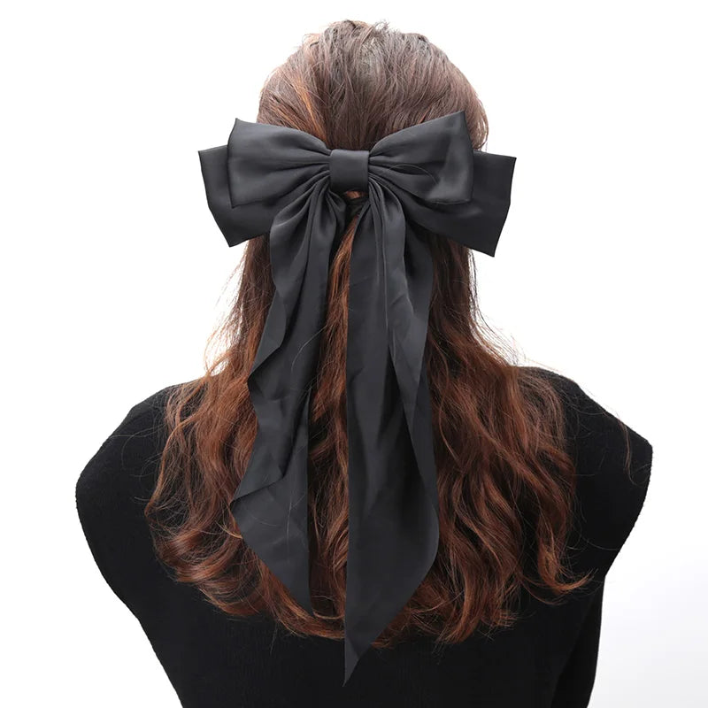 Elegant Bow Ribbon Hair Clip for Women Fashion Solid Satin Black Clip Simple Hairpin Headband with Clips Girls Hair Accessories Qme black