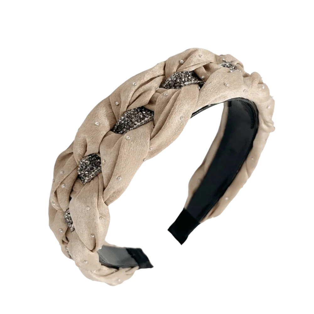 Wide Brim Rhinestone Headband Soft Fabric Twisted Knotted High Cranial Hair Hoop Elegant Non-Slip Braided Hairband Women Qme Khaki