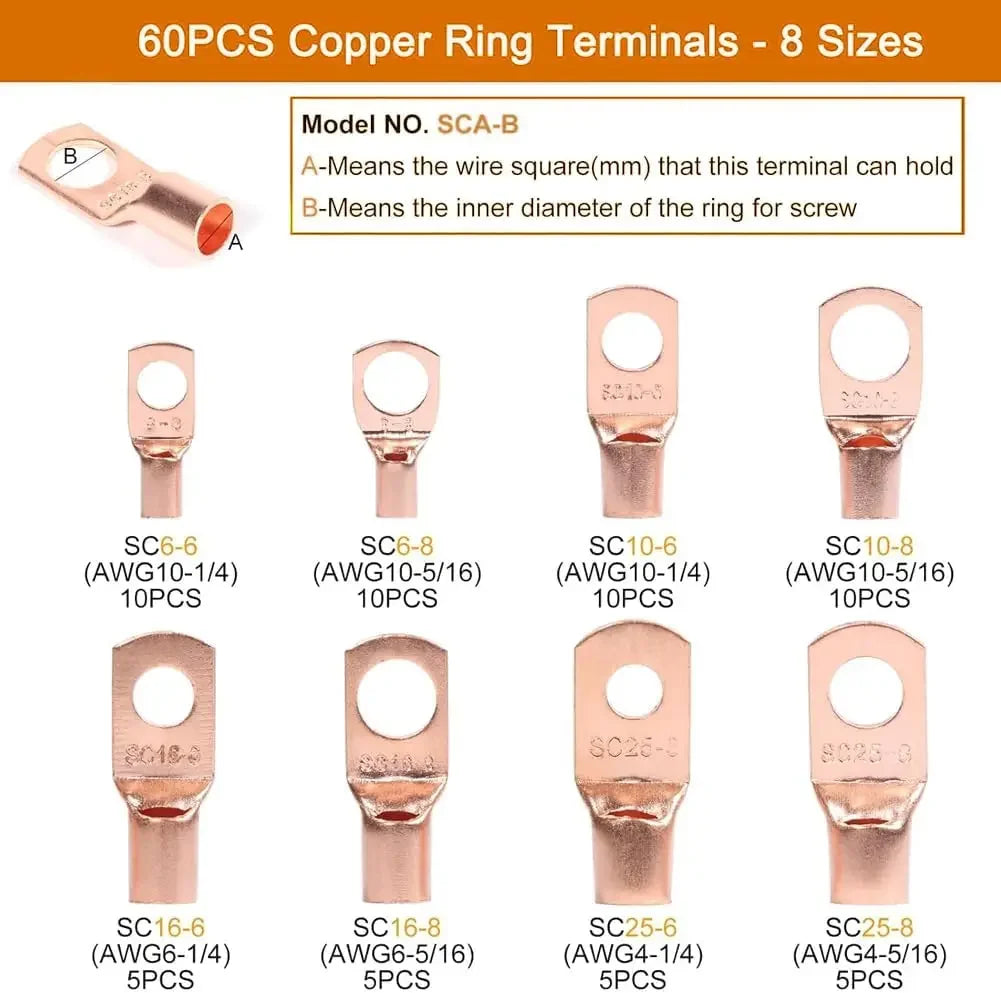 Cable Wire Lug Crimping Tool Kit 10-1 AWG, 8 Sizes 60Pcs Copper Ring Terminals,Terminal Crimper Set for Heavy Duty Wire Lugs Qme