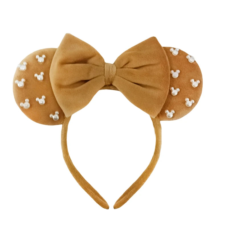 White Pearls Mickey Ears Hair Accessories for Girls Solid Color Soft Cotton Bow Headbands Women Minnie Mouse Hair Accessorie Qme Headband 6