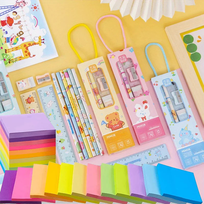 Learning Stationery Set, Birthday Gift 5-in-1 Pencil Set-Fluorescent Sticky Notes-Assorted Colors, Cute Office&School Memo Pads Qme