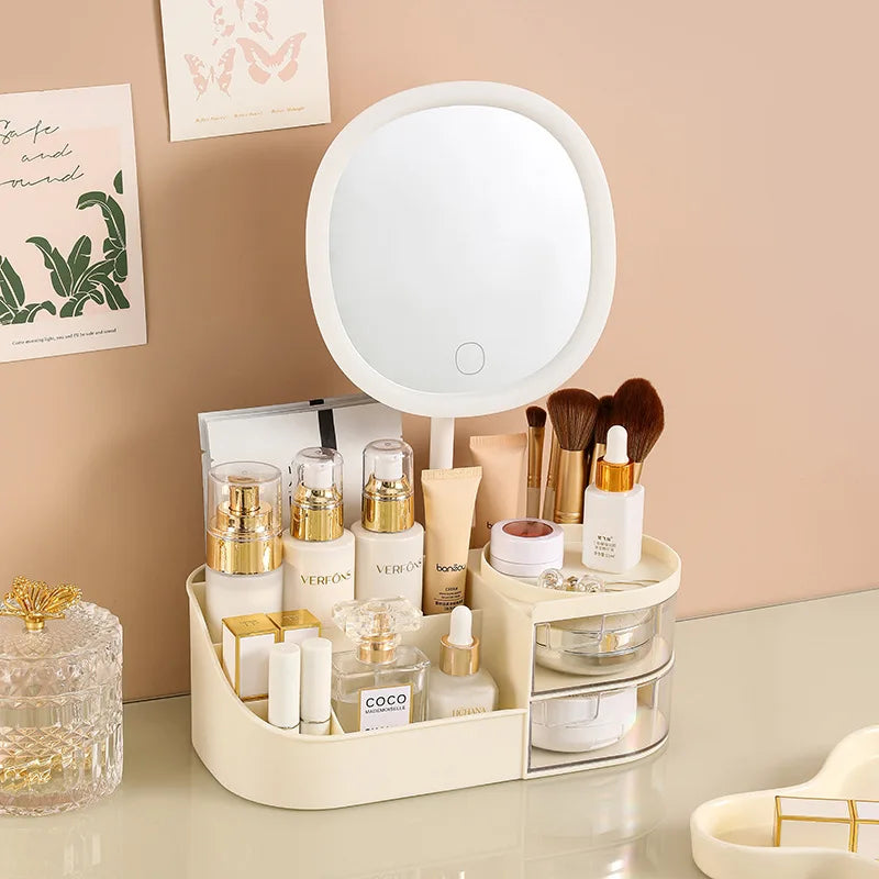 Makeup Storage Box With Mirror Desktop Dressing Table Makeup Mirror Cosmetics Jewelry Storage Box Touch Light Storage Organizer Qme SCreamWhtwithMirror