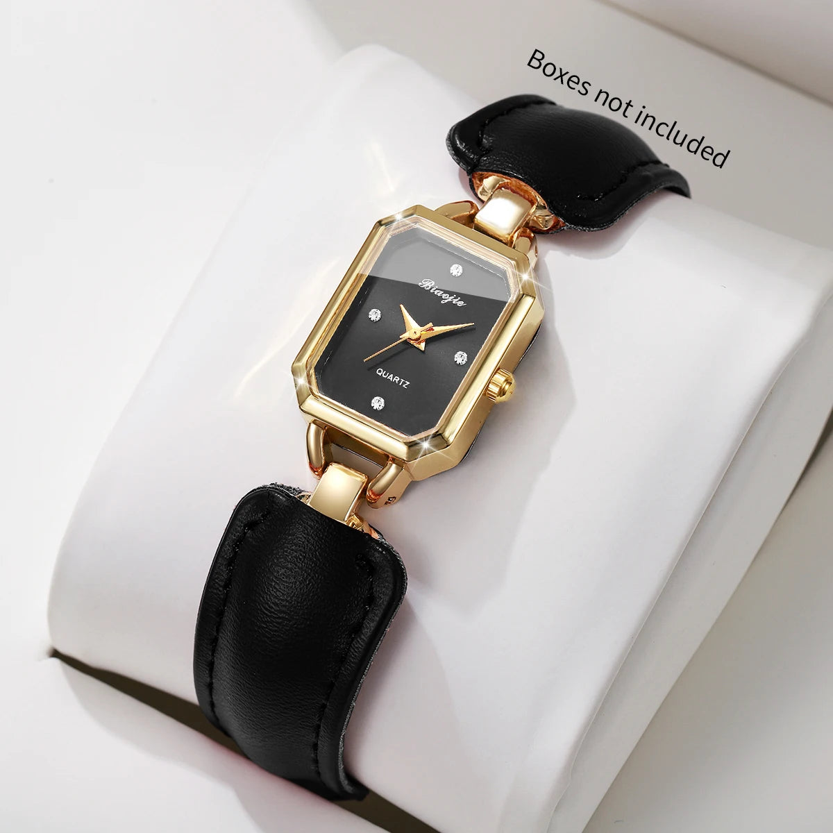 Women Small Rectangle Dial Quartz Wrist Watch Black Leather Strap Rhinestone Index Elegant Casual Ladies Dress Wristwatch Gift Qme Black No Box