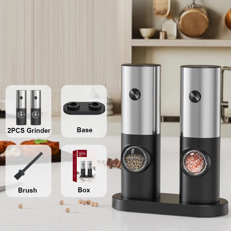 Electric Pepper Powder Grinder USB Rechargeable Salt Adjustable Qme 2PCS Battery Silver