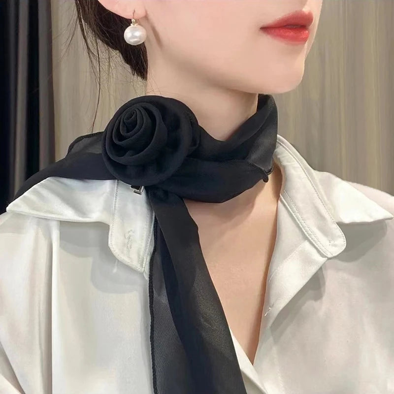 Versatile Rose Design Silk Scarf Soft Neckerchief Girls Women Long Qme