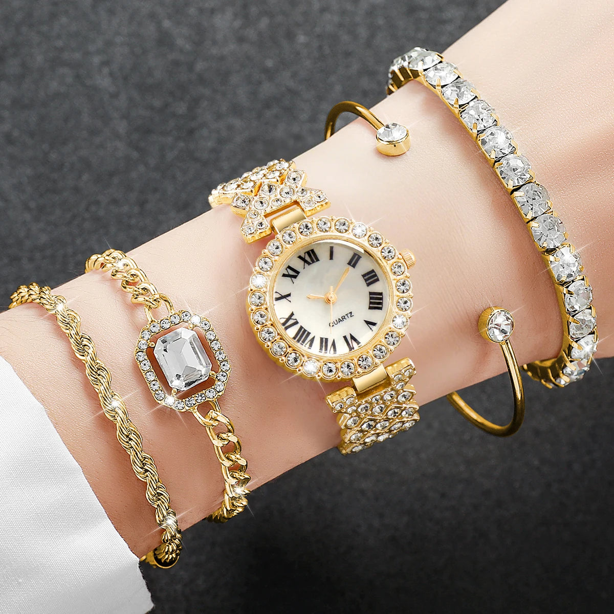 5Pcs Women Rhinestone Watch Jewelry Set Roman Dial Quartz Watch Crystal Bracelet Earring Bangle Ladies Gift Watch Qme Gold Set