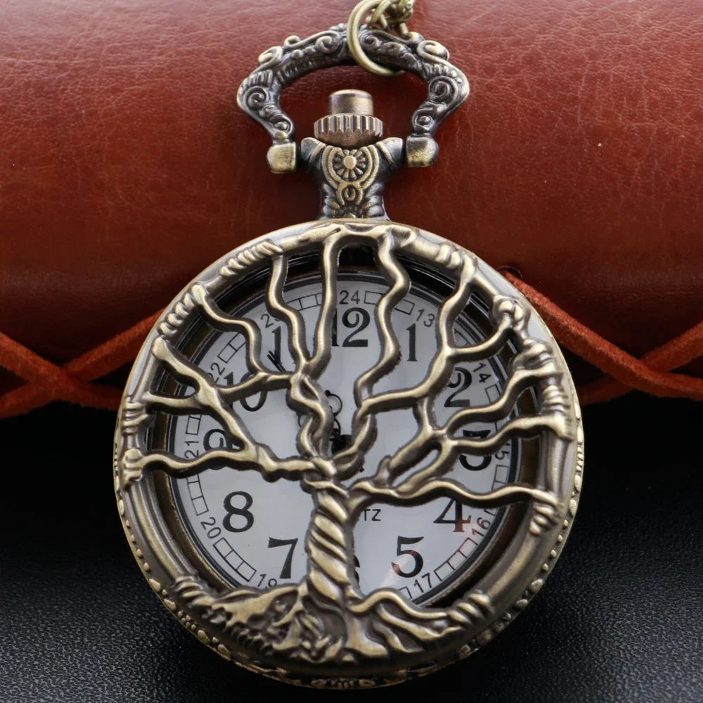 Steampunk Retro Bronze Hollow Tree of Life Quartz Pocket Watch with Fob Women's Watch Pendant Necklace Chain Men's Gift CF1088 Qme B