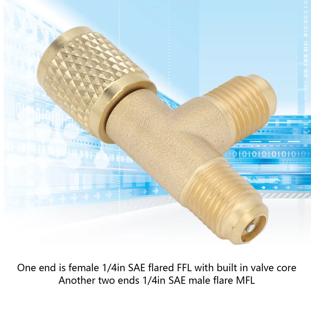 Quick Coupler Tee Adapter with Valve Core Brass 1/4in SAE Sturdy Structure for R22 R12 R134 Qme 1-1/4"
