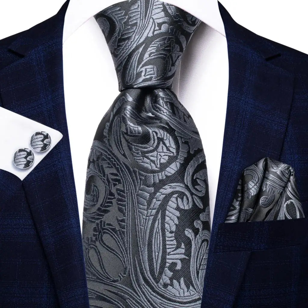 Hi-tie Men Fashion Paisley Sage Green Necktie Handkerchief Cufflinks