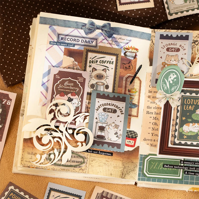 Retro Forest Style Cat Long Sticker Book, Perfect for Journal Collage, Kpop Deco, Gift Wrapping and Notebook Decoration Qme