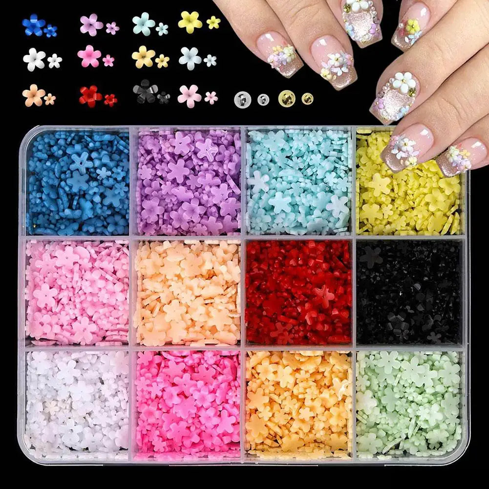 3D Acrylic Flower Nail Charms Art Cute Colorful Floral Caviar Beads Qme E- 12 gird