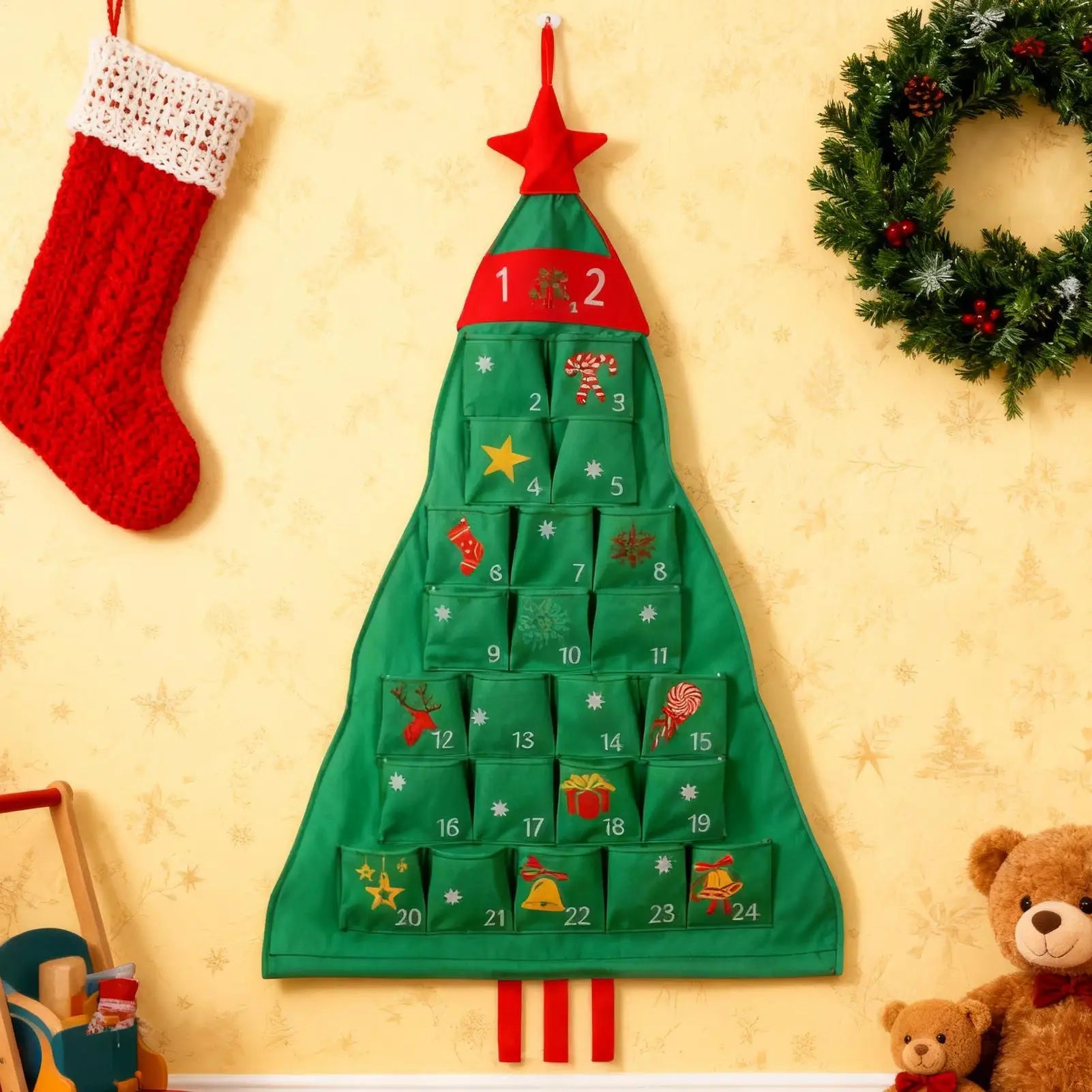 Reusable Fabric Advent Christmas Tree Shape Organizer 24 Days Cloth Qme