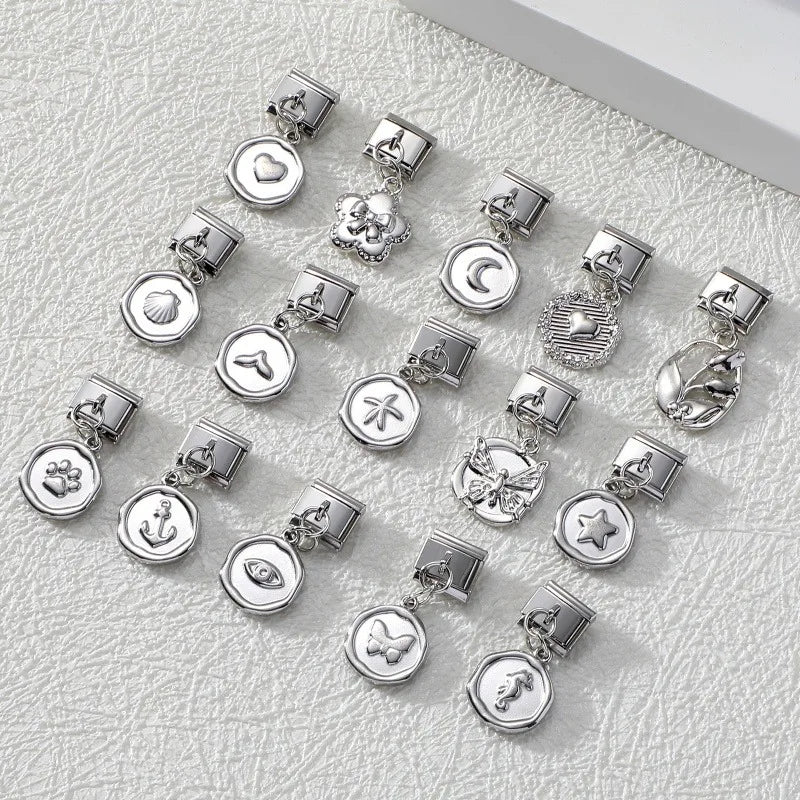 Wholesale Fashion Round Moon Shell Heart Seahorse Italian Charm Link Fit 9mm Stainless Steel DIY Bracelet Jewelry Making Bead Qme