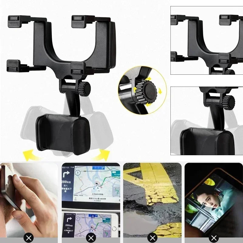 Car Phone Holder Rearview Mirror Mount Bracket Clip Navigation GPS Mobile Phone Stand Foldable Adjustable Car Cell Phone Support Qme