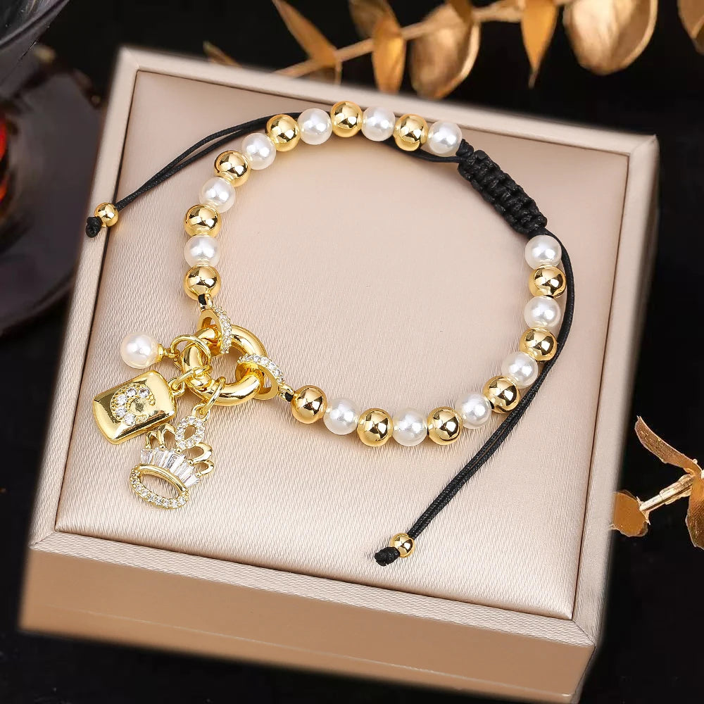 Venezuela Flag Cross Black Rope Braided Pearl Bracelet for Man Woman Party Wedding Crown Zirconia Jewelry Daily Wear Qme D