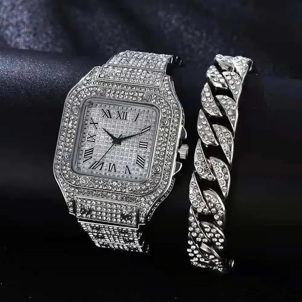 Men's Rhinestone Square Big Dial Hip Hop Watch + Rhinestone Chain Zinc Alloy Bracelet Set Qme Rose