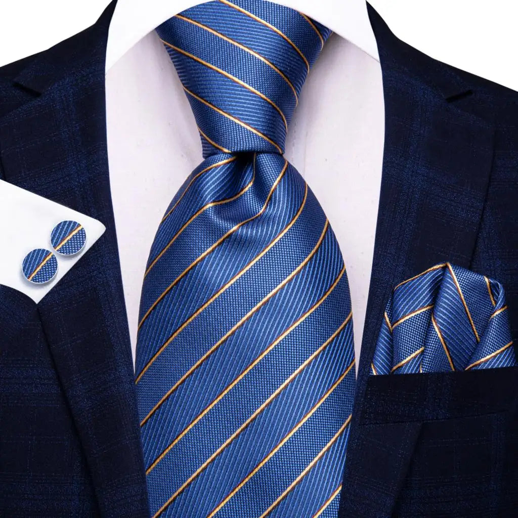 Hi-tie Navy Blue Floral Striped Silk Elegant Tie Men Groom Wedding