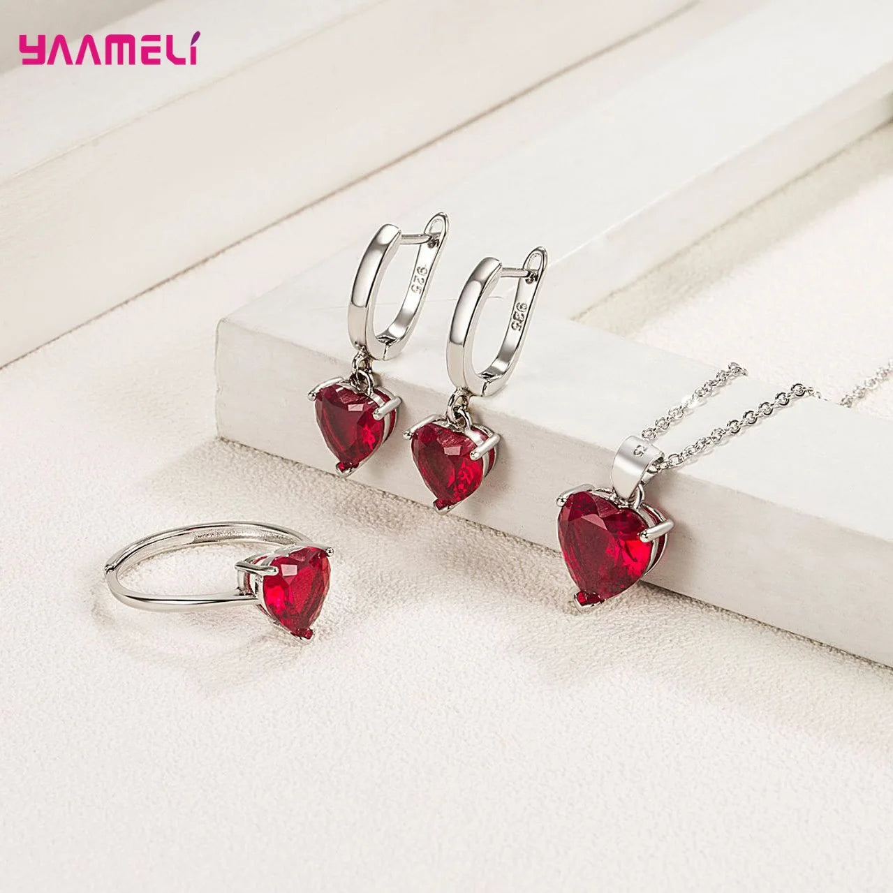 Fine 925 Sterling Silver Color Jewelry Gift Sets for Women Female Romantic Heart Zircon Huggie Earrings Pendant Necklace Ring Qme