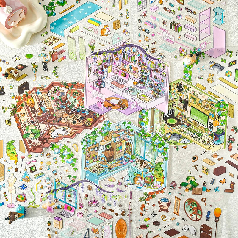 DIY Cartoon Leisure Life in 4 Seasons Landscape Sticker 3D Pocket Cabin Scene Stacking Pasting Stickers Gift for Kid Child Qme