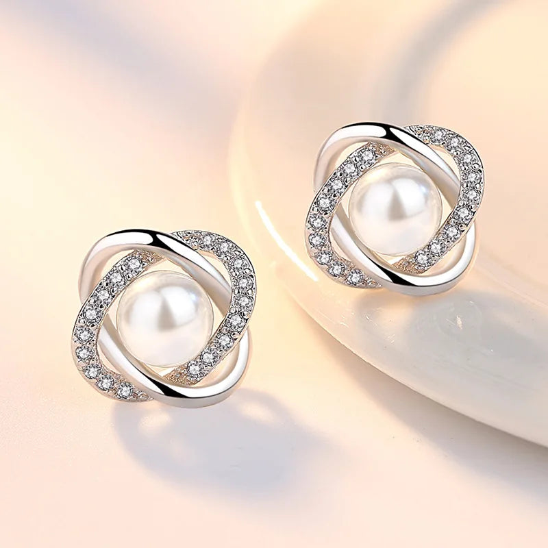 New Fine 925 Sterling Silver Charms Pearl Crystal Stud Earrings for Women Fashion Party Wedding Accessories Jewelry Couple Gifts Qme