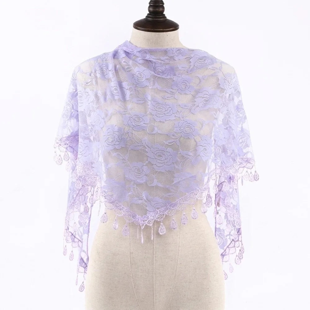 Sun Protection Lace Scarf Colorful Tassel Printed Wraps Hair Qme Light Purple