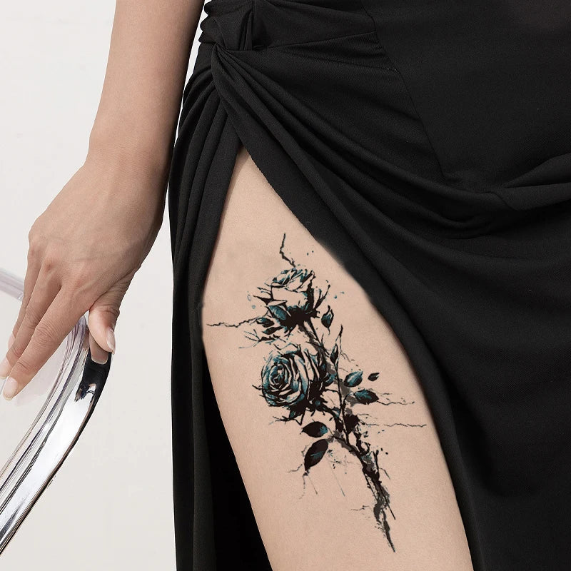 Blue Enchantress Rose Sexy Leg Realistic Tattoo Stickers, Colorful, Waterproof, Sweatproof, Disposable Temporary Stickers Qme