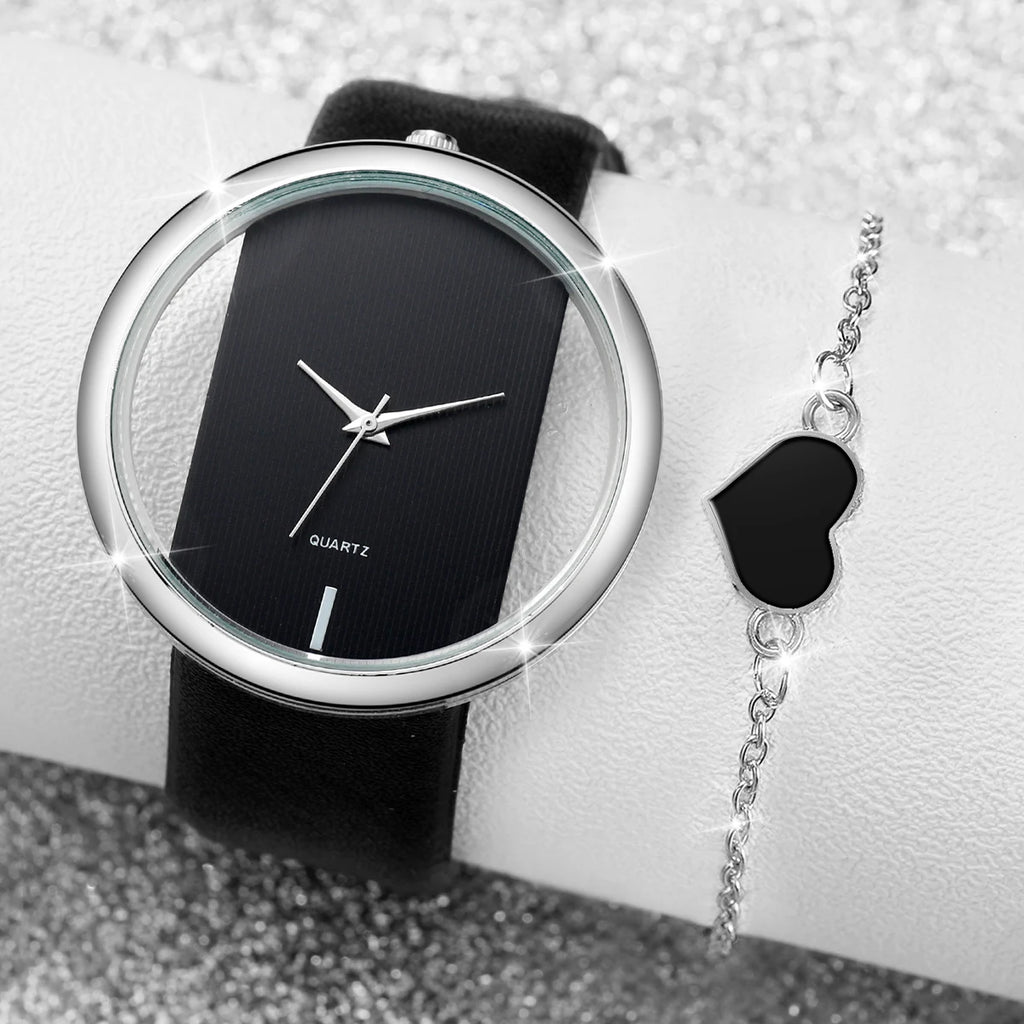 Silver hollowed out large dial, white belt, ladies' quartz watch, heart-shaped fine bracelet, two-piece set Qme