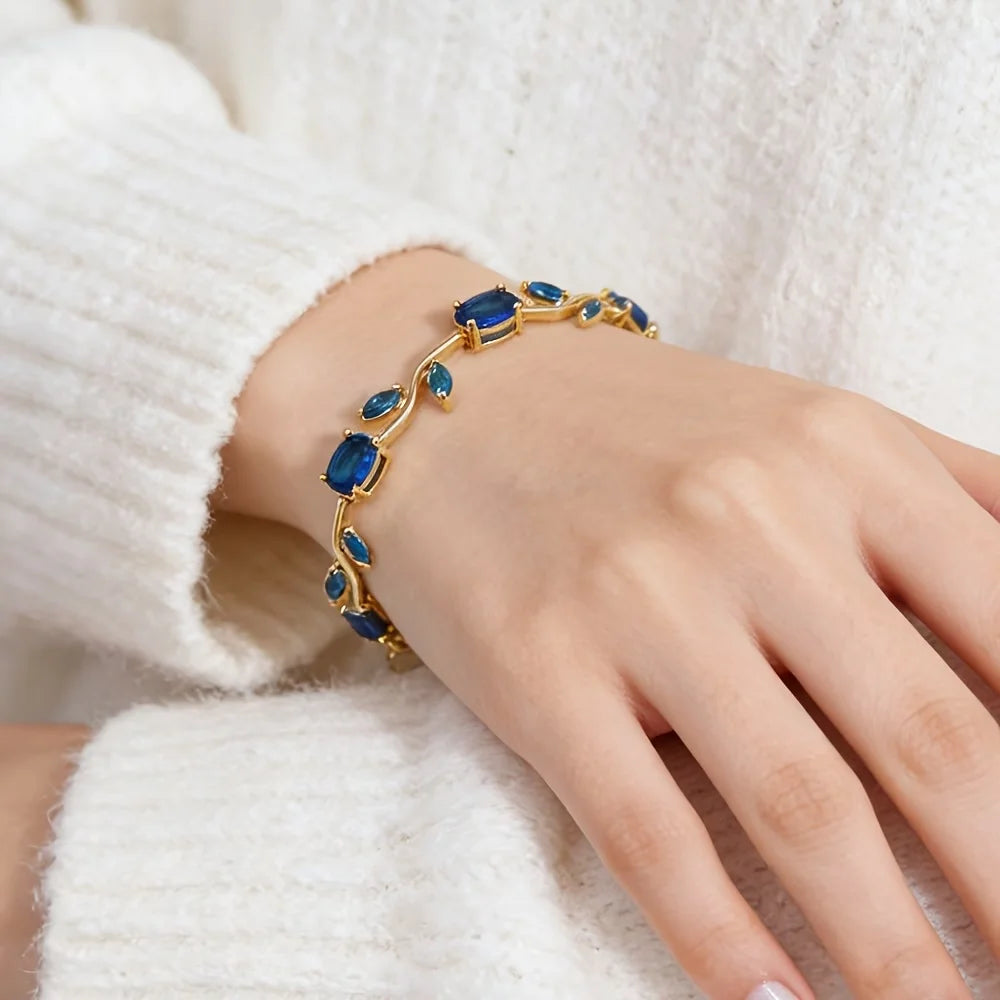 Vintage Design Women Bracelet Inlaid Deep Blue Cubic Zirconia Gold Tone Adjustable Wristband Daily Banquet Bridal Jewelry Gift Qme
