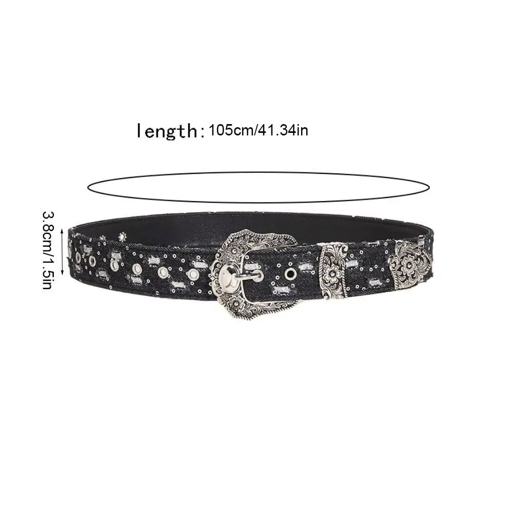 Casual Korean Sequin Belt Harajuku Y2k Metal Buckle Aesthetic Ripped Qme