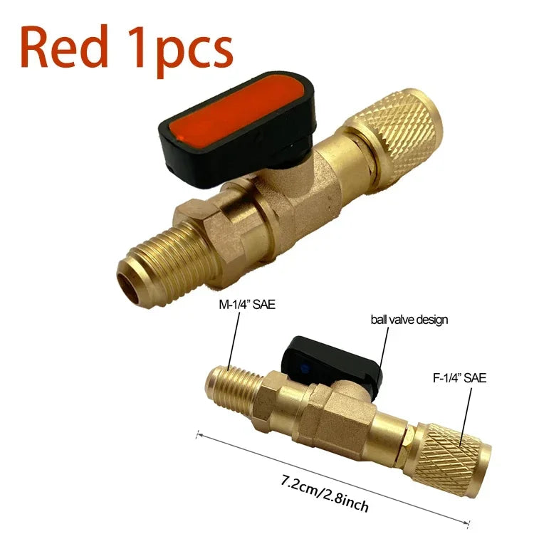 Refrigerant Angled Shut-Off Ball Valve Adapter 1/4" SAE R22 R12 R410a Air Conditioning Charging Hoses AC Refrigerant Tools Qme 1pcs Straight Valve1