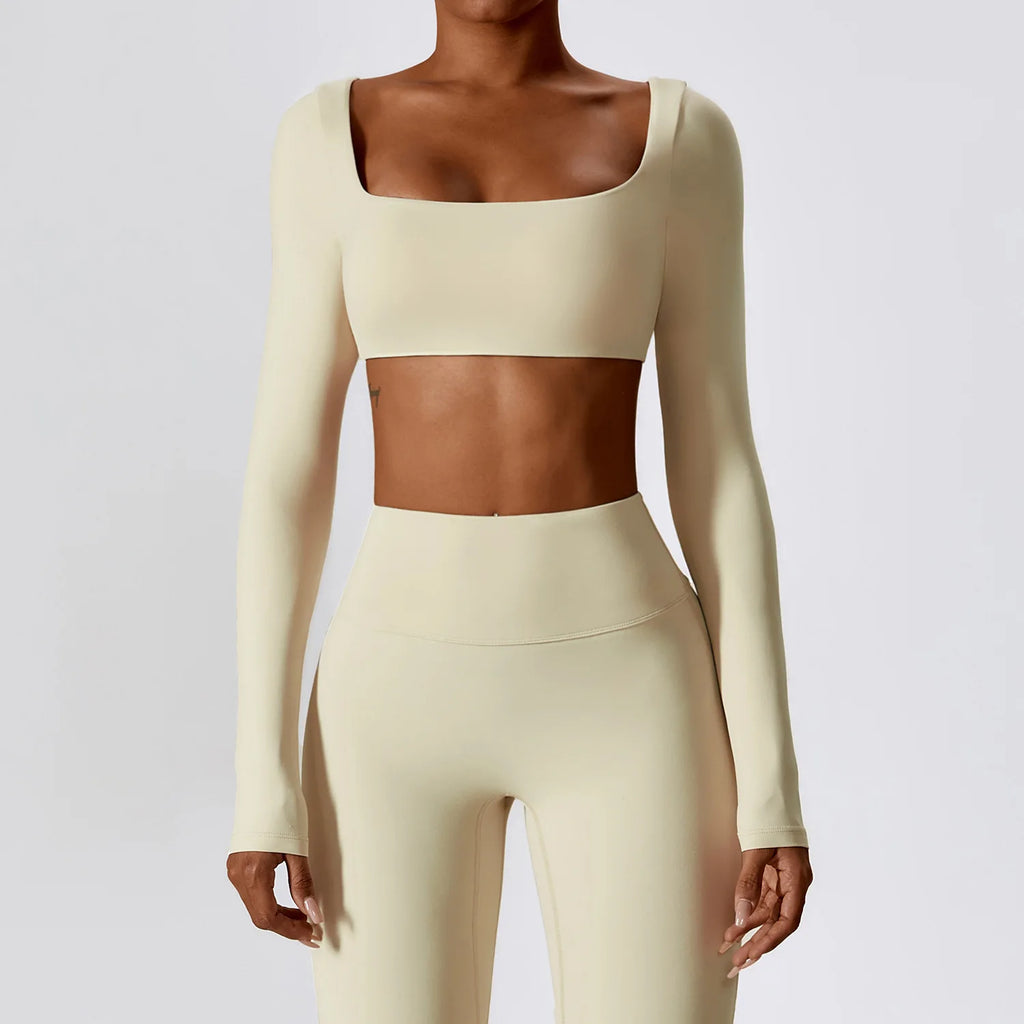A Summer Casual Quick Dry Sportswear Women Square Neck Gym Top Women Fitness Sports Crop Top Long Sleeve Yoga Clothing Qme Oatmeal Apricot XL