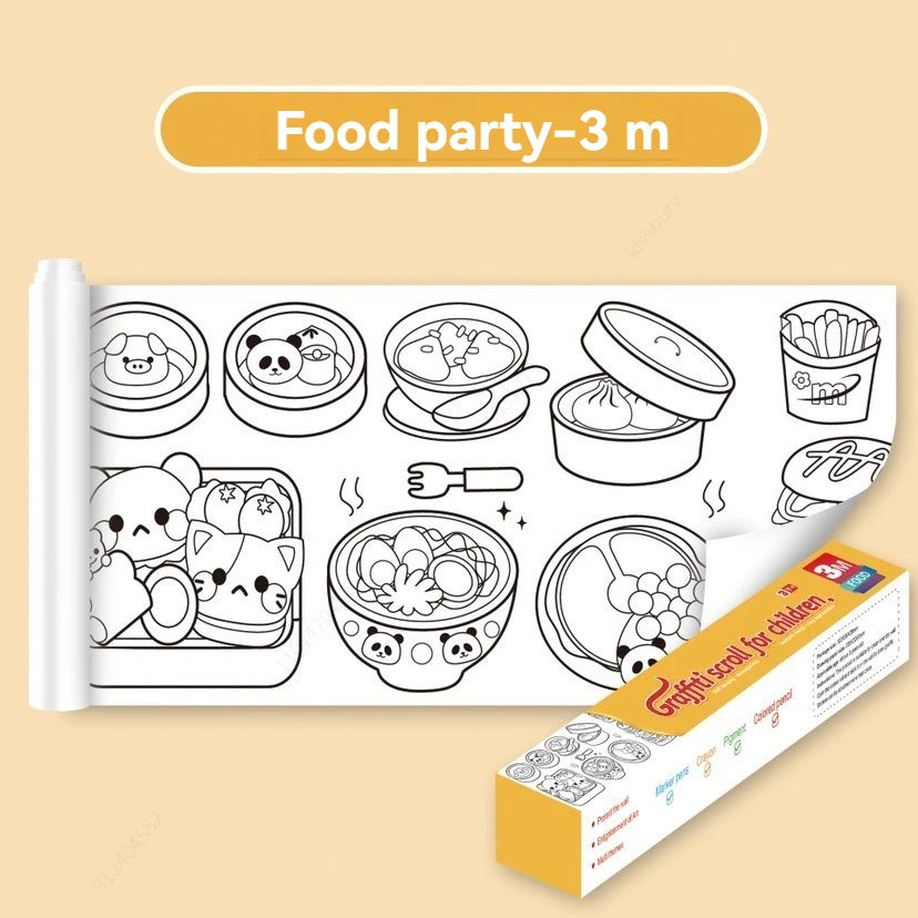 Children's Doodle Scroll Childrens Drawing Roll - 3M, DIY Coloring Paper Roll Color Filling Graffiti Paper-cut Painting School Qme Food Party