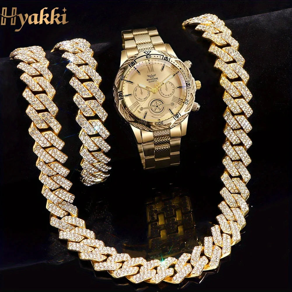 Men's quartz watch and frozen Cuban chain necklace set, 3-piece set, fashionable business watch, father plot gift Qme Rose