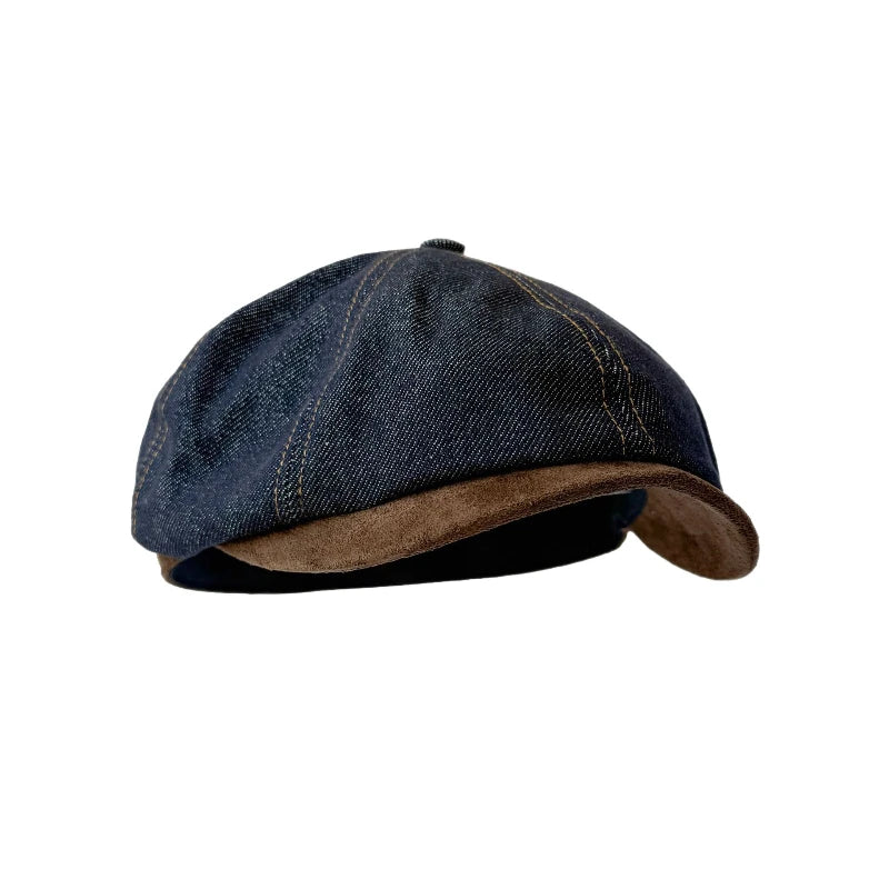 Washed Distressed Vintage Denim Patchwork Beret Painter Hat Qme
