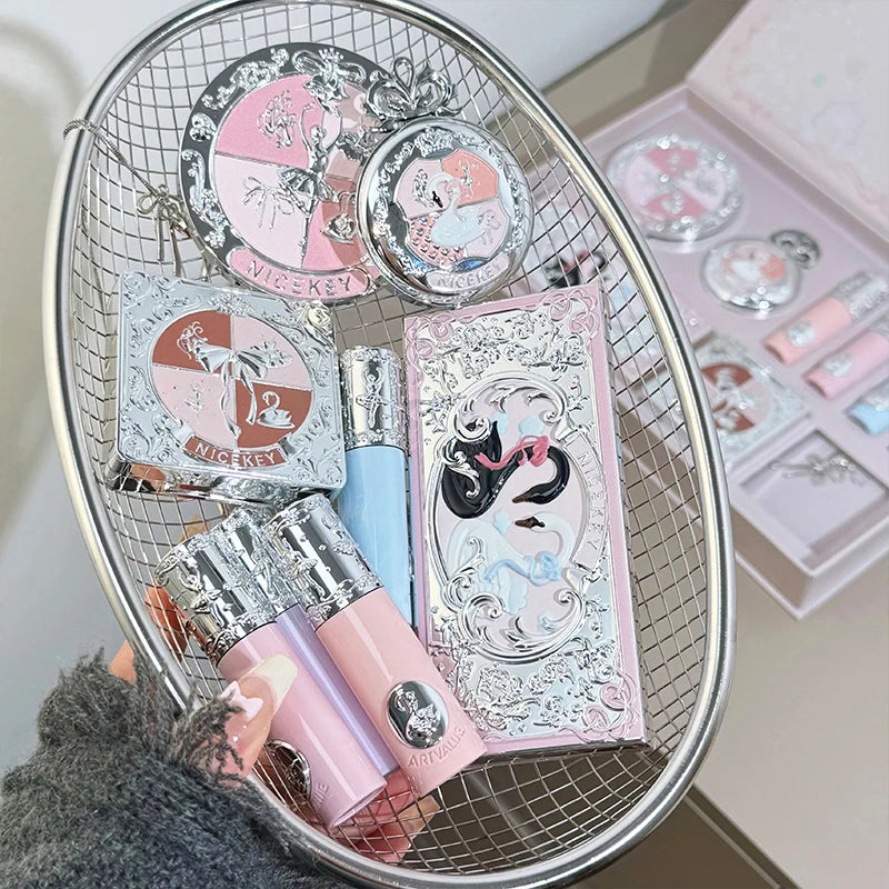 NICEKEY Pink Ballet Makeup Sets Include 4 Lip Mud,1 Blush,1 Pressed Powder,1 Eyes Palette,1 Contour Palette With Necklace Gift Qme